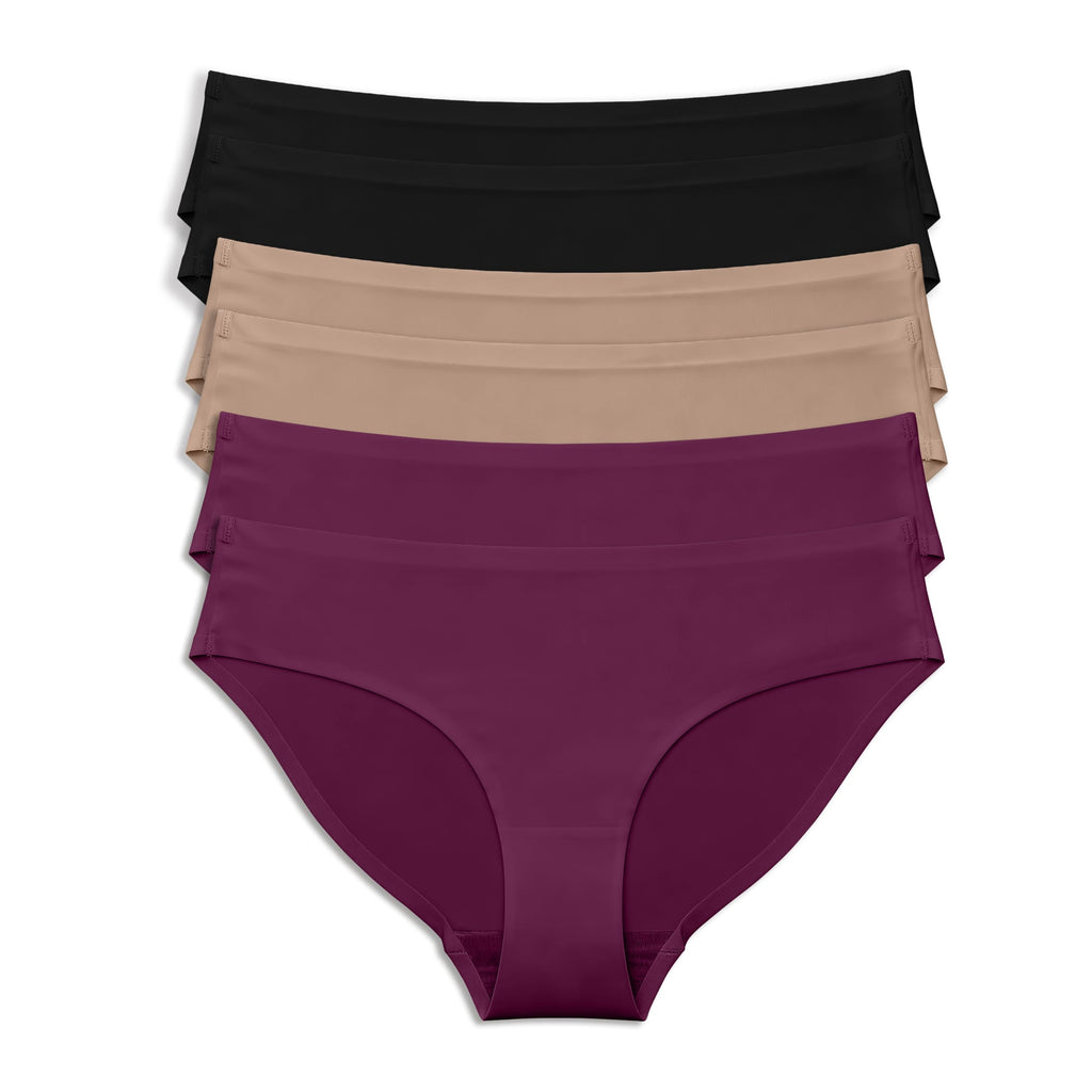 Six blackberry-colored Parfait Lingerie seamless hipster panties in a 6-pack, soft and comfortable underwear for everyday wear.
