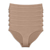 Six-pack of Parfait Lingerie seamless hipster panties in warm sand color, featuring soft, stretchy fabric for comfortable wear.