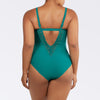 Dark mint Brigitte V-neck one-piece swimsuit by Parfait Lingerie with lace detail, shelf bra, and full coverage, shown from the back.