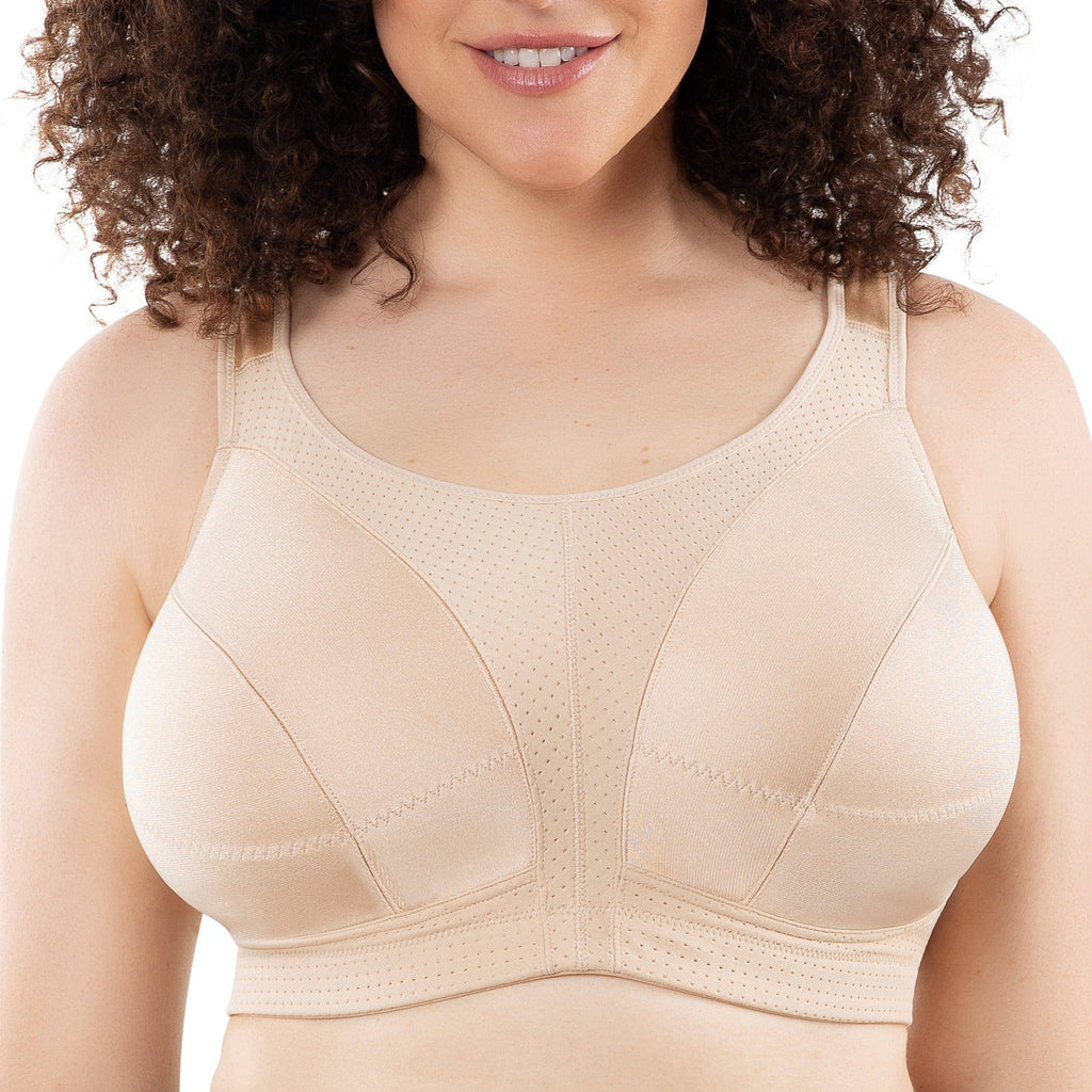 Bare Parfait Lingerie active full bust unlined sports bra with supportive wire-free design, front view showing breathable fabric.