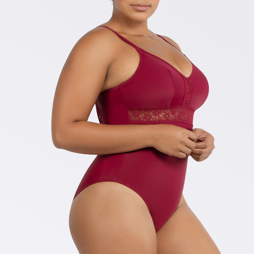 Parfait Lingerie Brigitte Rumba Red V-neck one-piece swimsuit with lace detail, shelf bra, and full coverage, front view.