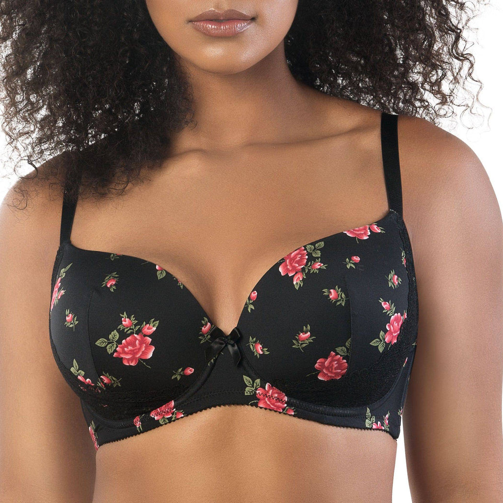 Parfait Lingerie Casey full bust padded plunge T-shirt bra in black with rose print, front view showing molded cups and adjustable straps.