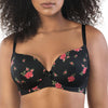 Parfait Lingerie Casey full bust padded plunge T-shirt bra in black with rose print, front view showing molded cups and adjustable straps.