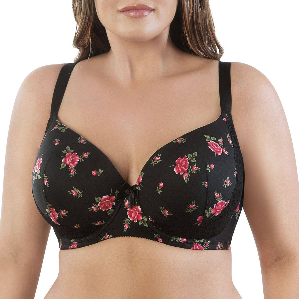 Black Parfait Lingerie Casey full bust padded plunge T-shirt bra with rose print, front view showing molded cups and supportive design.