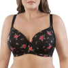 Black Parfait Lingerie Casey full bust padded plunge T-shirt bra with rose print, front view showing smooth cups and floral design.