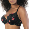 Parfait Lingerie Casey full bust padded plunge T-shirt bra in black with rose print, side view showing molded cups and adjustable straps.