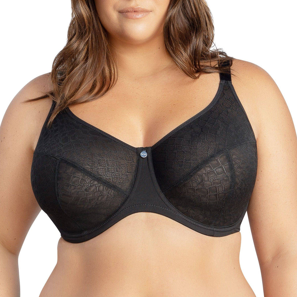 Black Enora Minimizer Full Bust Supportive Bra by Parfait Lingerie, front view showing smooth cups and supportive straps.