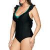 Black Farah High Apex One Piece Swimsuit by Parfait Lingerie with deep V neck and frill detail, shown from side view.