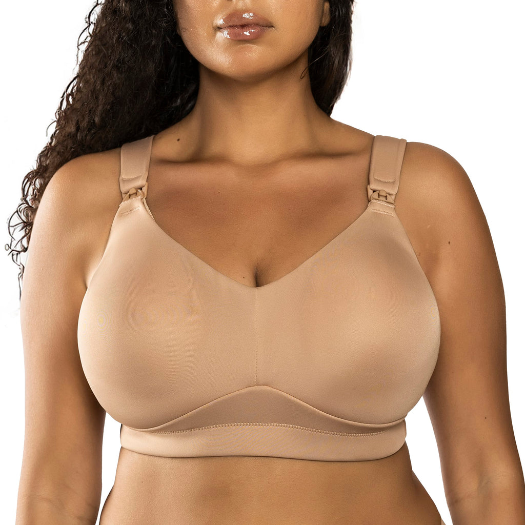 Parfait Holly full seamless non-padded wirefree nursing bra in warm sand, front view showing smooth cups and supportive design.