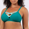 Dark mint Lauren wireless triangle bikini top with strappy back and removable padding by Parfait Lingerie, shown from side view.
