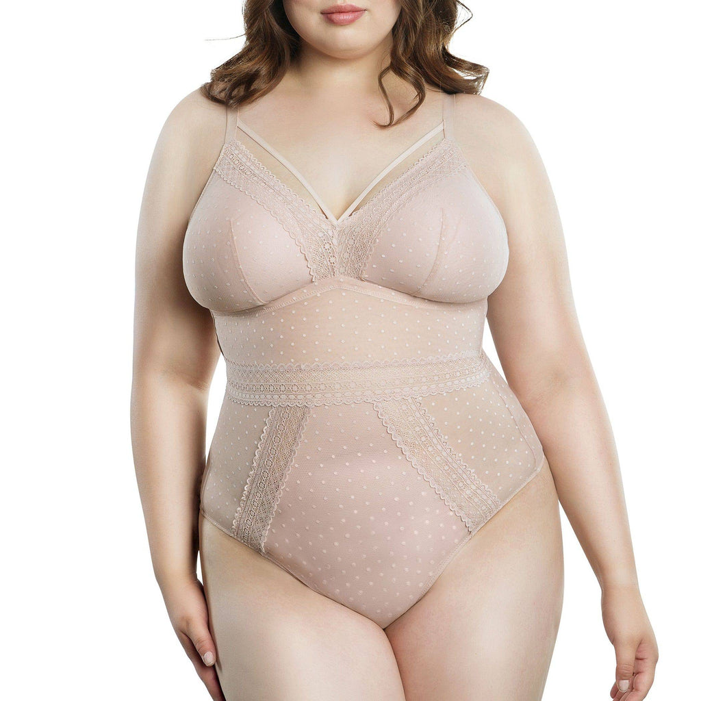 Front view of Parfait Lingerie Mia Wire-Free Full Bust Bodysuit in Cameo Rose, featuring padded mesh fabric and a sleek design.