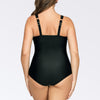 Black Oceane microfiber one-piece swimsuit by Parfait Lingerie with knotted side detail and back view.
