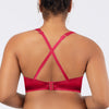 Parfait Lingerie Rita longline bikini top with cross back straps and shirred contour cups in cherry color.