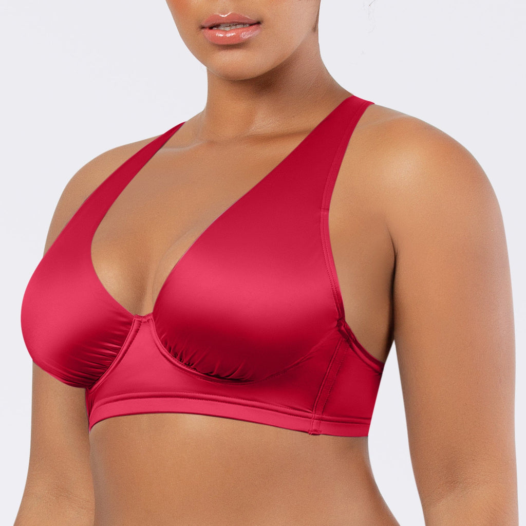 Parfait Lingerie Rita longline bikini top with cross back straps and shirred contour cups in cherry color.