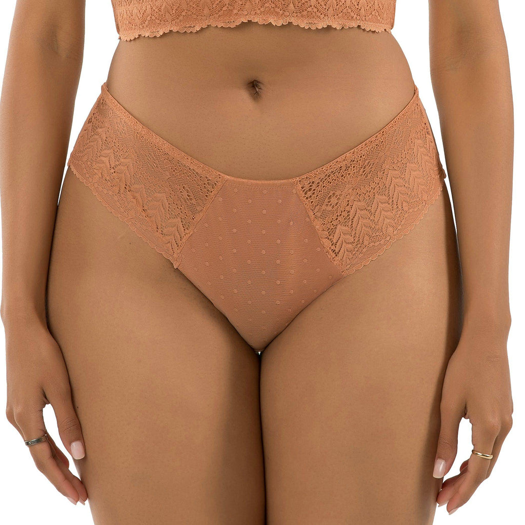 Parfait Lingerie Mia Medium Coverage Hipster in cork-colored lace with floral design, featuring a comfortable fit and stylish look.