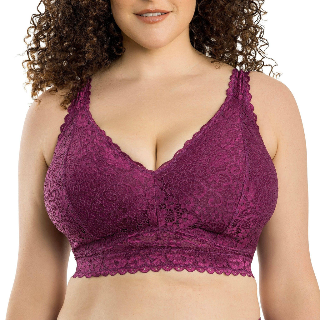 Blackberry lace Adriana wire-free full bust supportive bralette by Parfait Lingerie shown on a model.