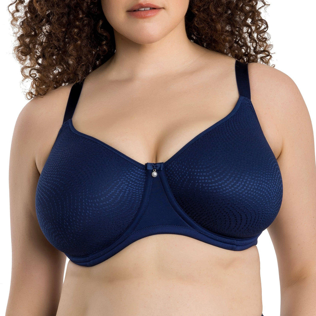 Navy Pearl Minimizer full bust padded bra by Parfait Lingerie with smooth cups and adjustable straps, shown on a mannequin.