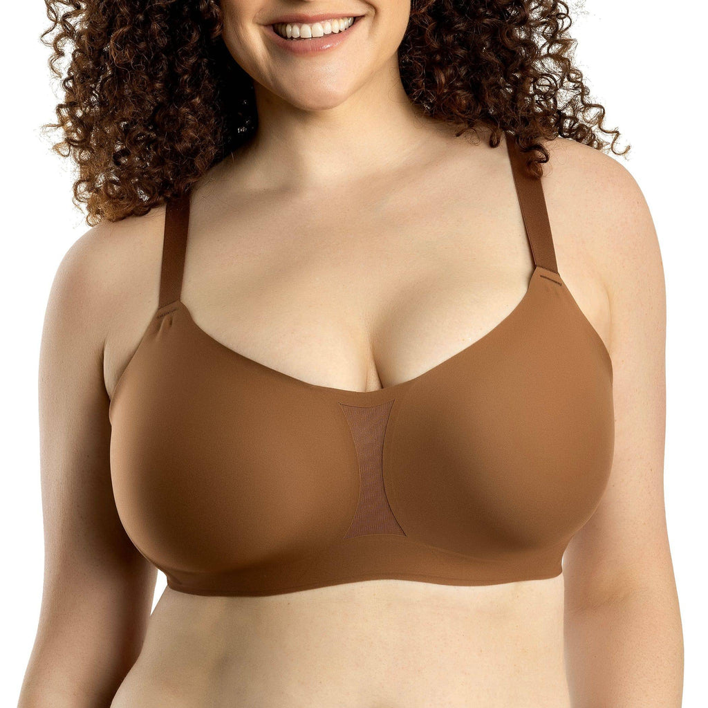 Seamless mocha full bust everyday bra by Parfait Lingerie, wireless design with smooth cups and supportive fit.