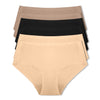 Six-pack of Parfait Lingerie Seamless Mid-Waist Briefs in black, warm sand, and beige, featuring smooth, seamless fabric for comfortable fit.