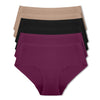 Six-pack of Parfait Lingerie seamless mid-waist briefs in black, warm sand, and blackberry colors, displayed flat on a white background.
