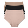 Six-pack of Parfait Lingerie seamless mid-waist briefs in rose, black, and warm sand colors, shown laid flat.