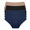 Set of six Parfait Lingerie seamless mid-waist briefs in navy, black, warm sand, and other colors displayed in the image.