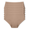 Six-pack of Parfait Lingerie seamless mid-waist briefs in sandy beige, showing smooth fabric and comfortable fit.