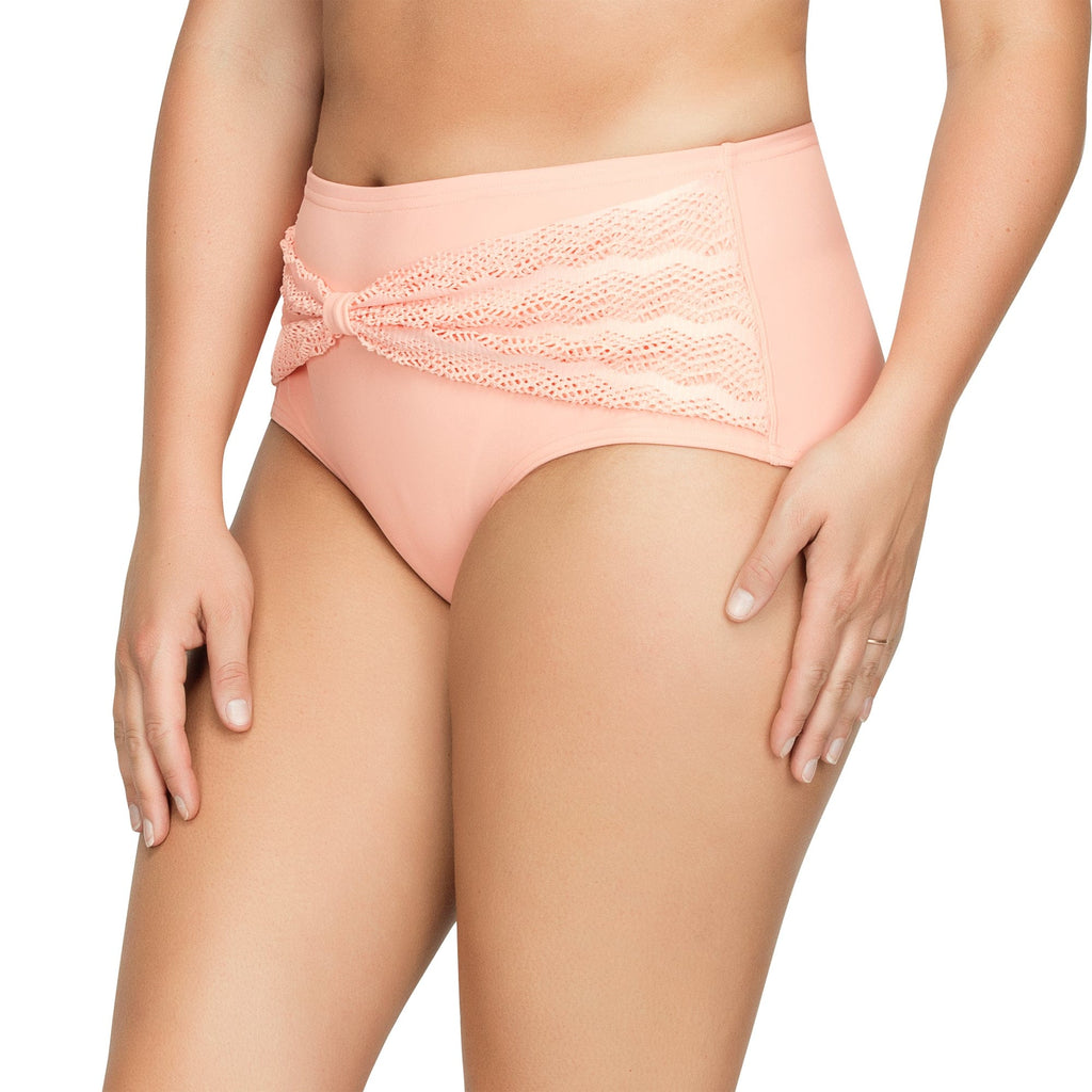 Peach Keira high-waist bikini bottom by Parfait Lingerie with crochet lace panels and a front bow.
