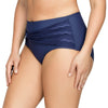 Side view of Parfait Lingerie Keira high-waist bikini bottom in Twilight with crochet lace panels and a front bow detail.