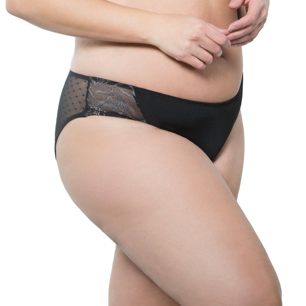 Black Marrianne microfiber polka dot bikini by Parfait Lingerie, featuring a stylish bikini top and bottom with polka dot pattern.