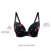 Parfait Lingerie Casey full bust padded plunge T-shirt bra in black with pink rose print, featuring smooth cups and supportive design.