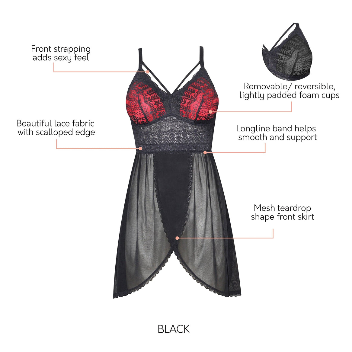 Black Mia Lace Lingerie wire-free chemise by Parfait Lingerie, featuring delicate lace details and a comfortable fit.